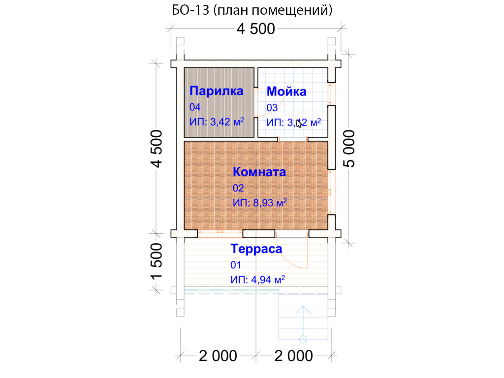 Проект бани БО-13 (4,5х5,5м), площадью 16м² из бревна 200мм